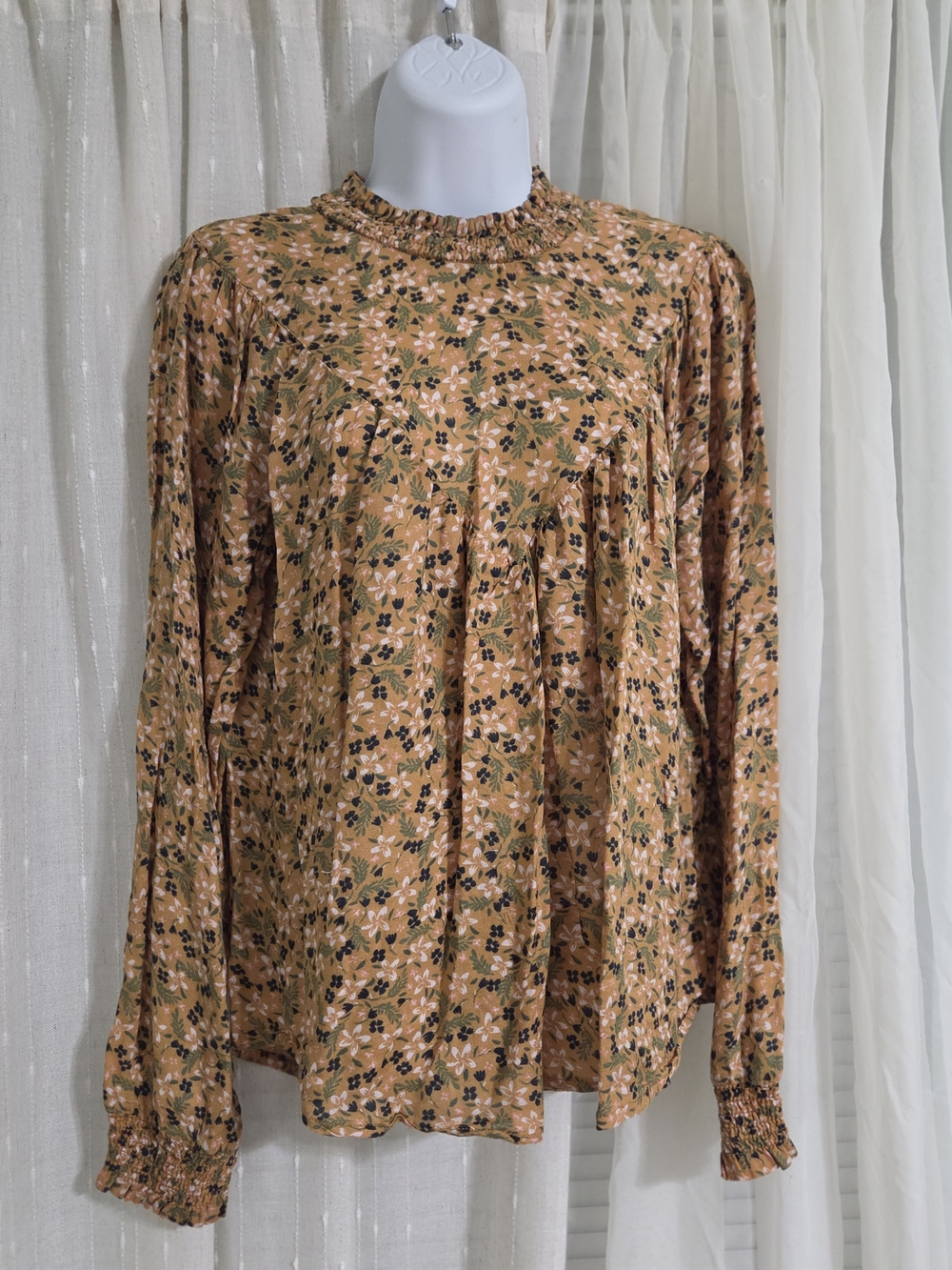 William Rast Floral Smocked-Neck Long Sleeve Top